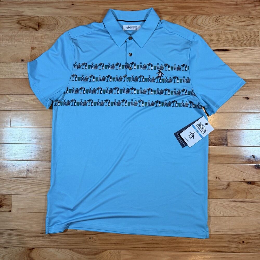 NWT Original Penguin Men's Size Medium Blue Polo Shirt Cocktail Novelty Pattern